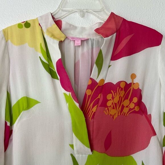 Lilly Pulitzer Floral Silk Blouse Top Semi Sheer Gold Metallic Thread Lining 4 - Picture 3 of 7